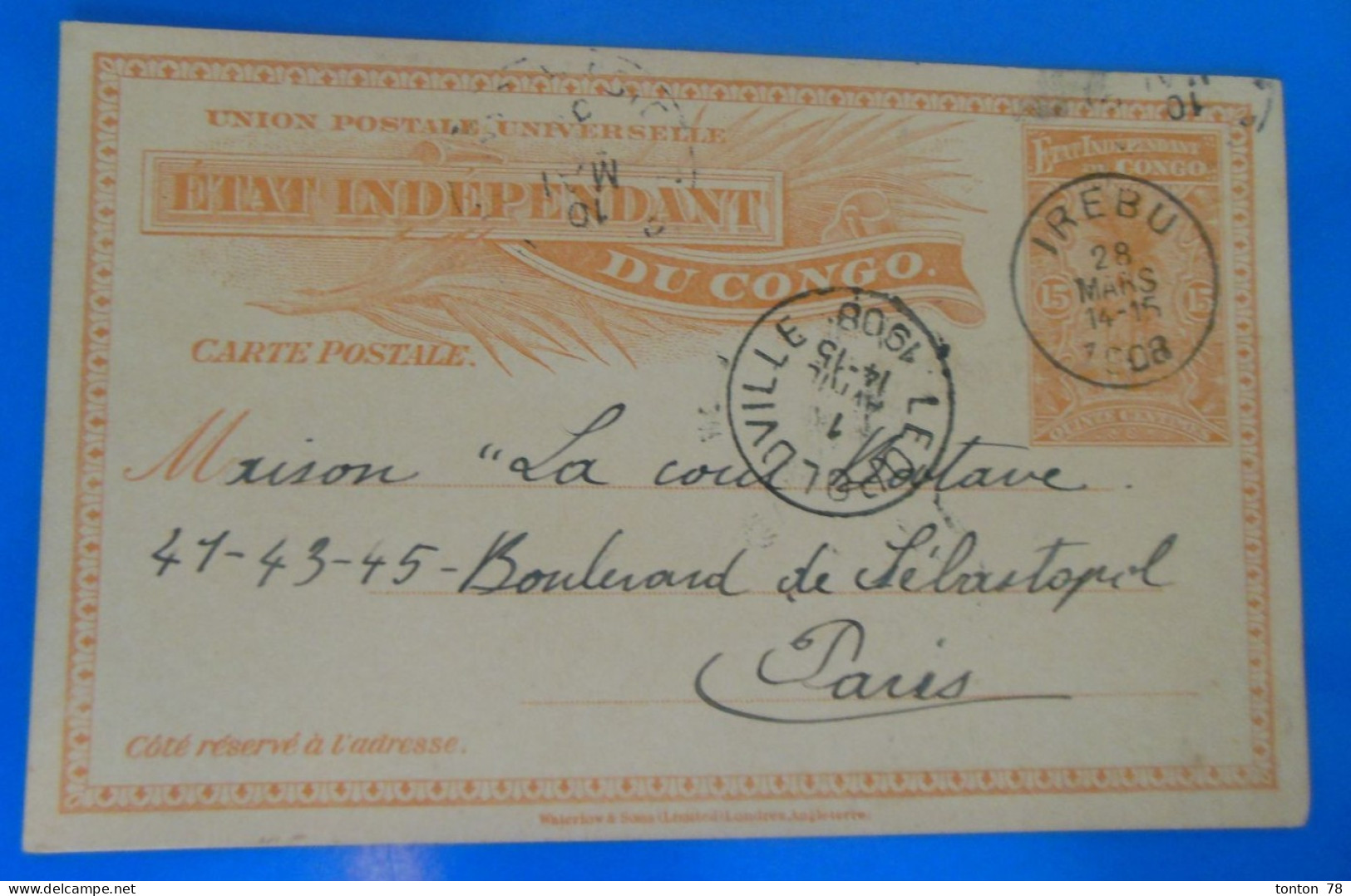 ENTIER POSTAL SUR CARTE  -  ETAT INDEPENDANT DU CONGO  1908 - Covers & Documents