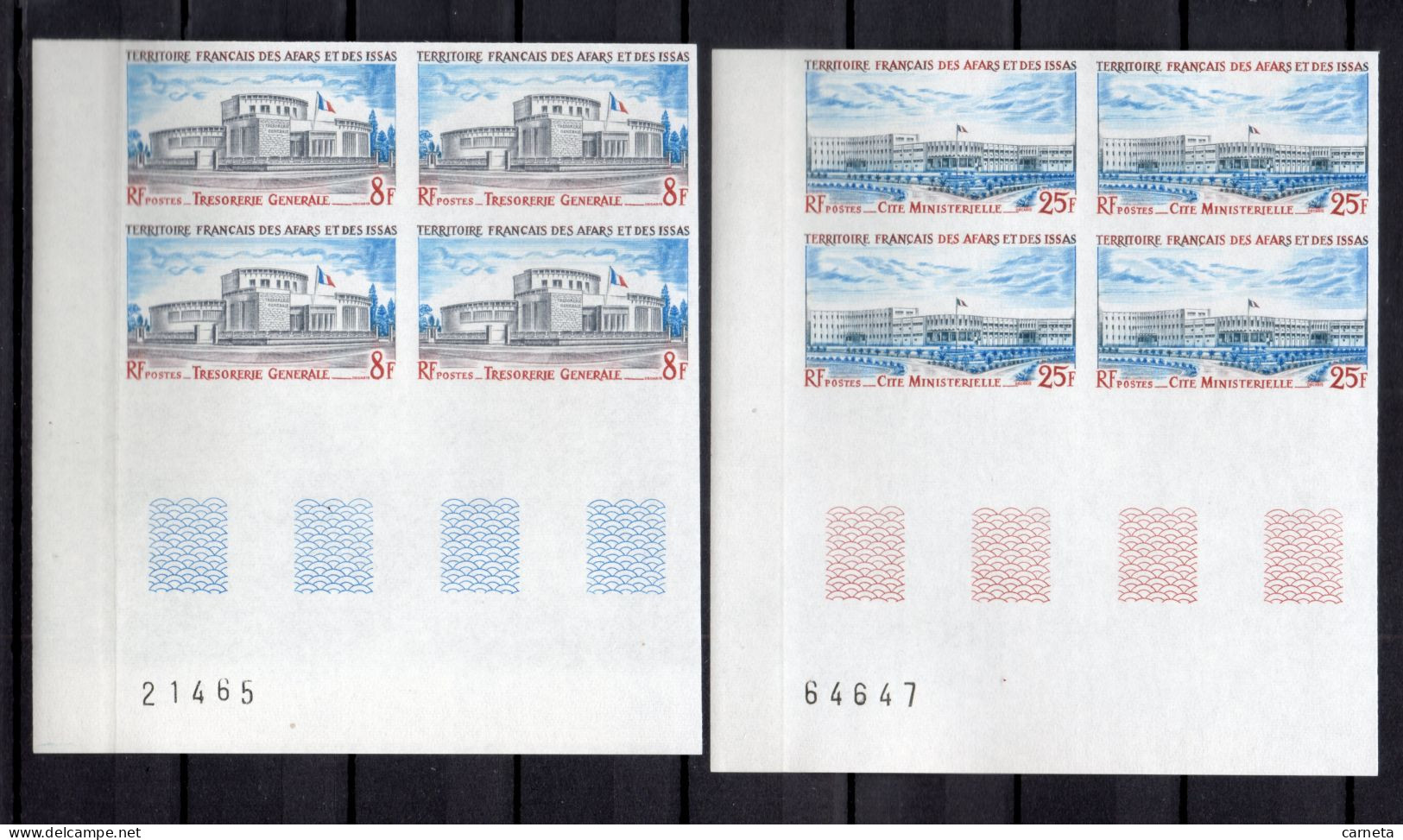 AFARS ET ISSAS  N° 395 + 396 NON DENTELES BLOCS DE 4 TIMBRES NEUFS SANS CHARNIERE COTE 240.00€   ADMINISTRATION BATIMENT - Neufs