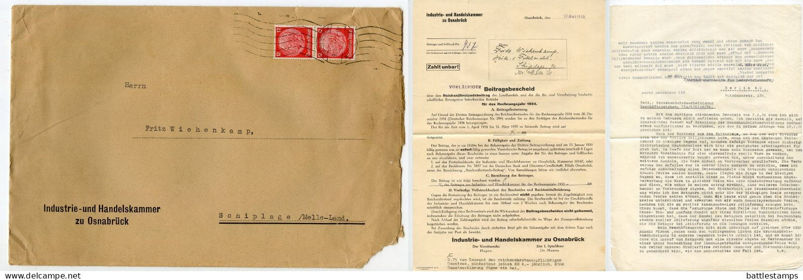 Germany 1936 Cover & Documents; Osnabrück - Industrie- Und Handelskammer Zu Osnabrück; 12pf. Hindenburg, Pair - Lettres & Documents