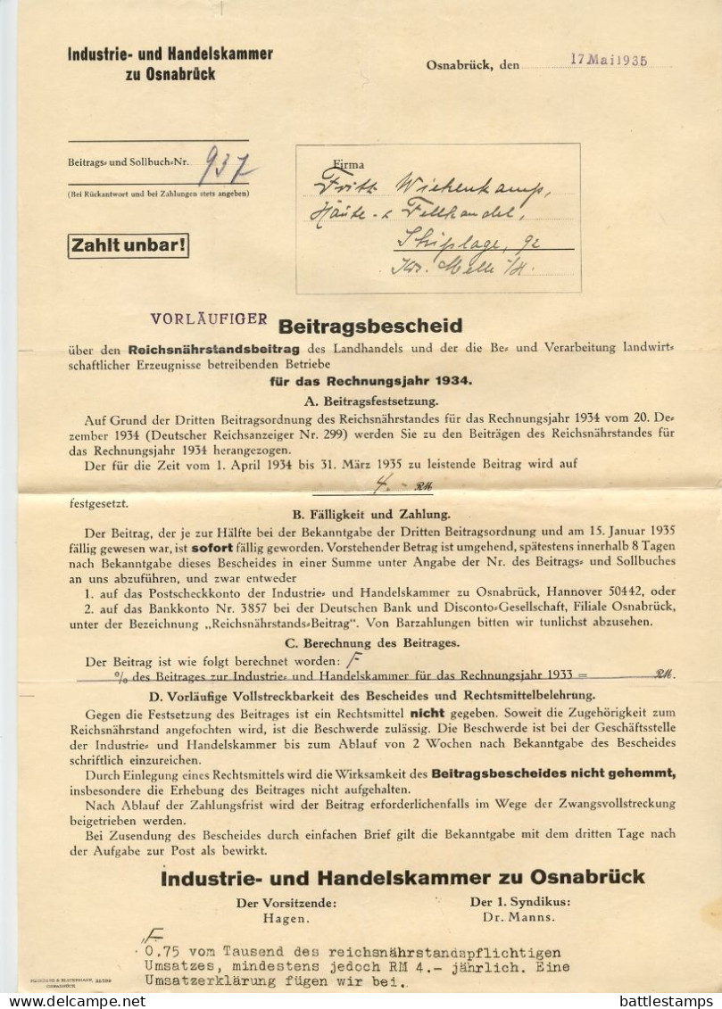 Germany 1936 Cover & Documents; Osnabrück - Industrie- Und Handelskammer Zu Osnabrück; 12pf. Hindenburg, Pair - Covers & Documents