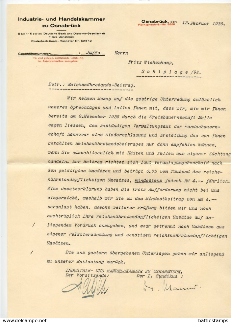 Germany 1936 Cover & Documents; Osnabrück - Industrie- Und Handelskammer Zu Osnabrück; 12pf. Hindenburg, Pair - Briefe U. Dokumente