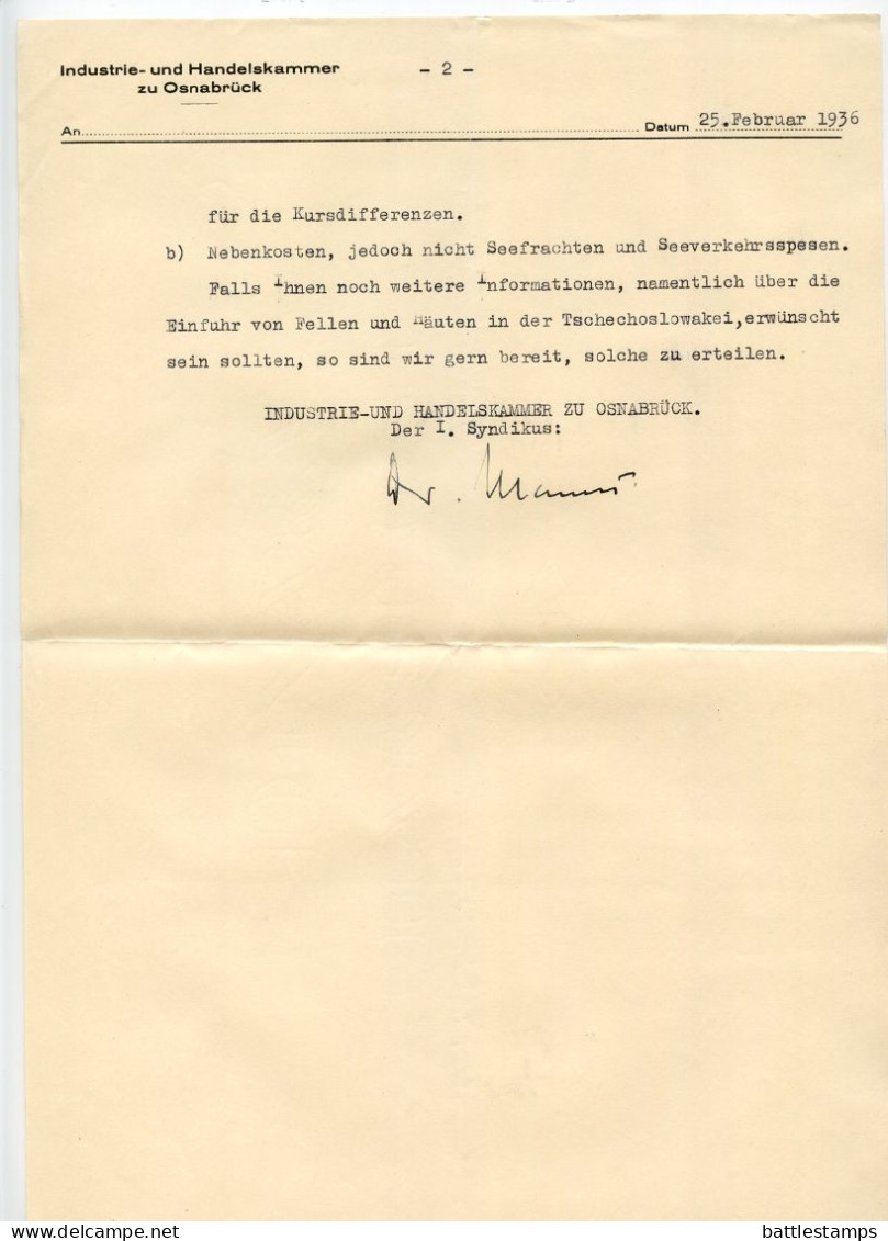 Germany 1936 Cover & Documents; Osnabrück - Industrie- und Handelskammer zu Osnabrück; 12pf. Hindenburg, pair