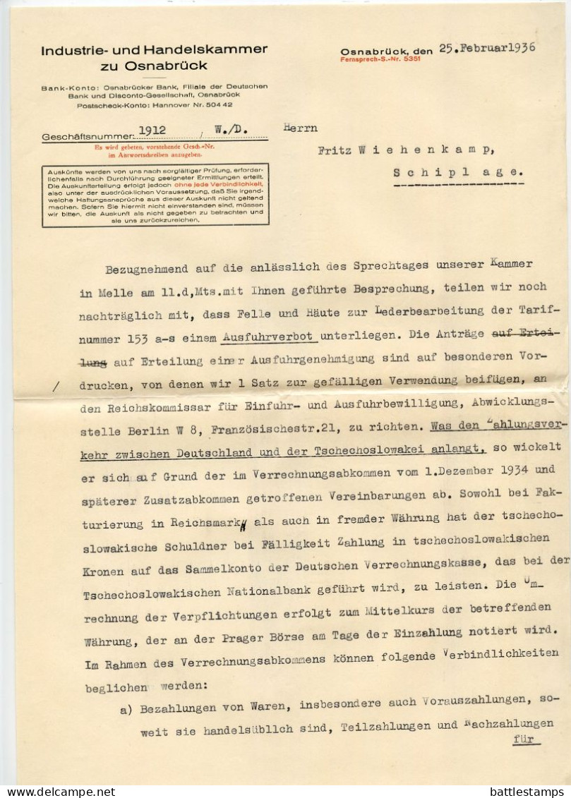 Germany 1936 Cover & Documents; Osnabrück - Industrie- und Handelskammer zu Osnabrück; 12pf. Hindenburg, pair