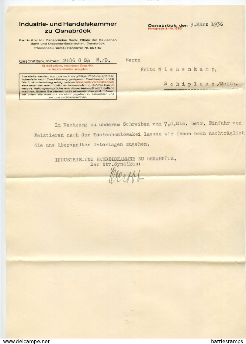 Germany 1936 Cover & Documents; Osnabrück - Industrie- und Handelskammer zu Osnabrück; 12pf. Hindenburg, pair