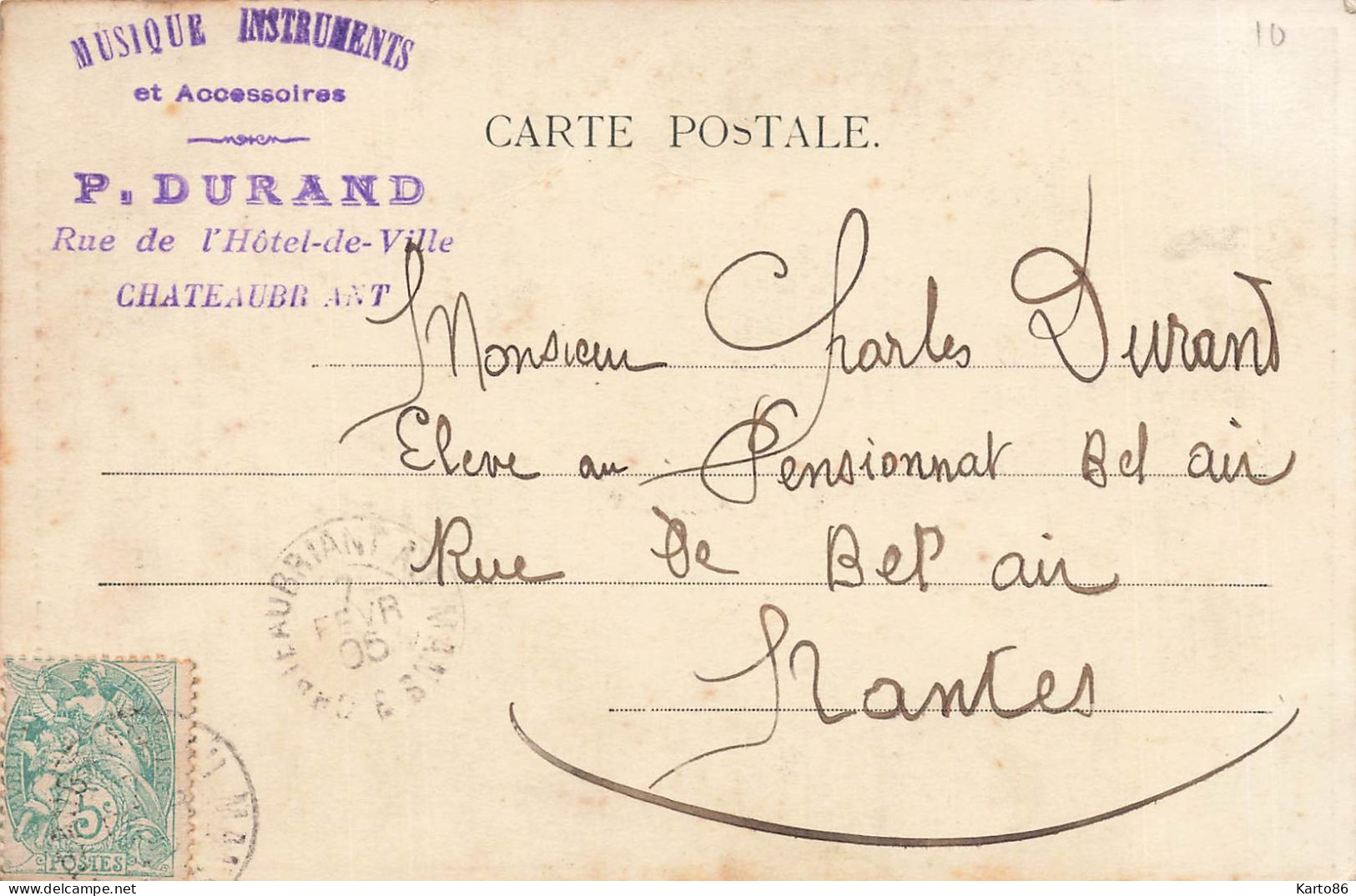 Chateaubriant * CACHET " Musique Instruments P. DURAND Rue De L'hôtel De Ville " Sur CPA Pape PIE X - Châteaubriant