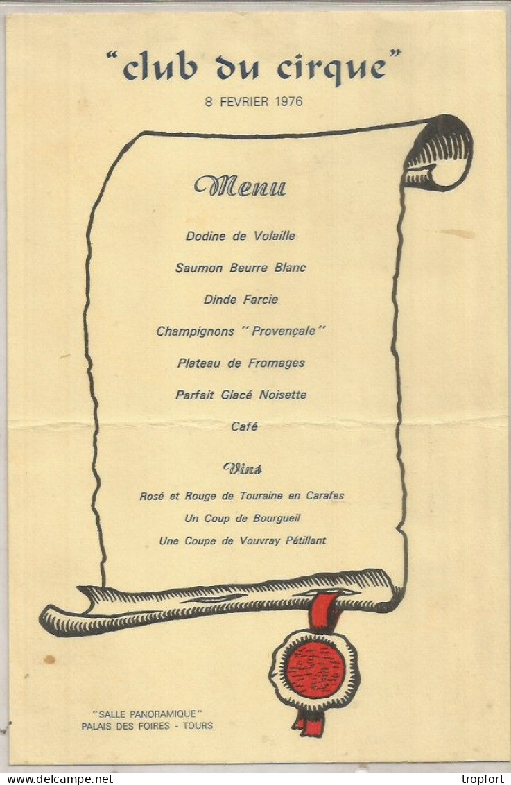 Menu CLUB DU CIRQUE  Salle Panoramique PALAIS DES FOIRES TOURS  1976 - Menus