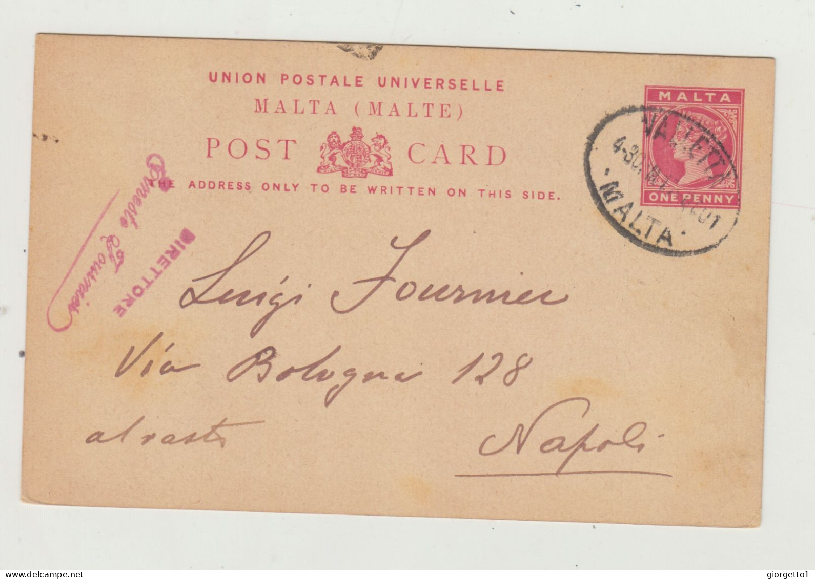 INTERO POSTALE DA 1 PENNY - MALTA - UNION POSTALE UNIVERSELLE DA MALTA VERSO ITALIA NEL 1901 - Marcofilie