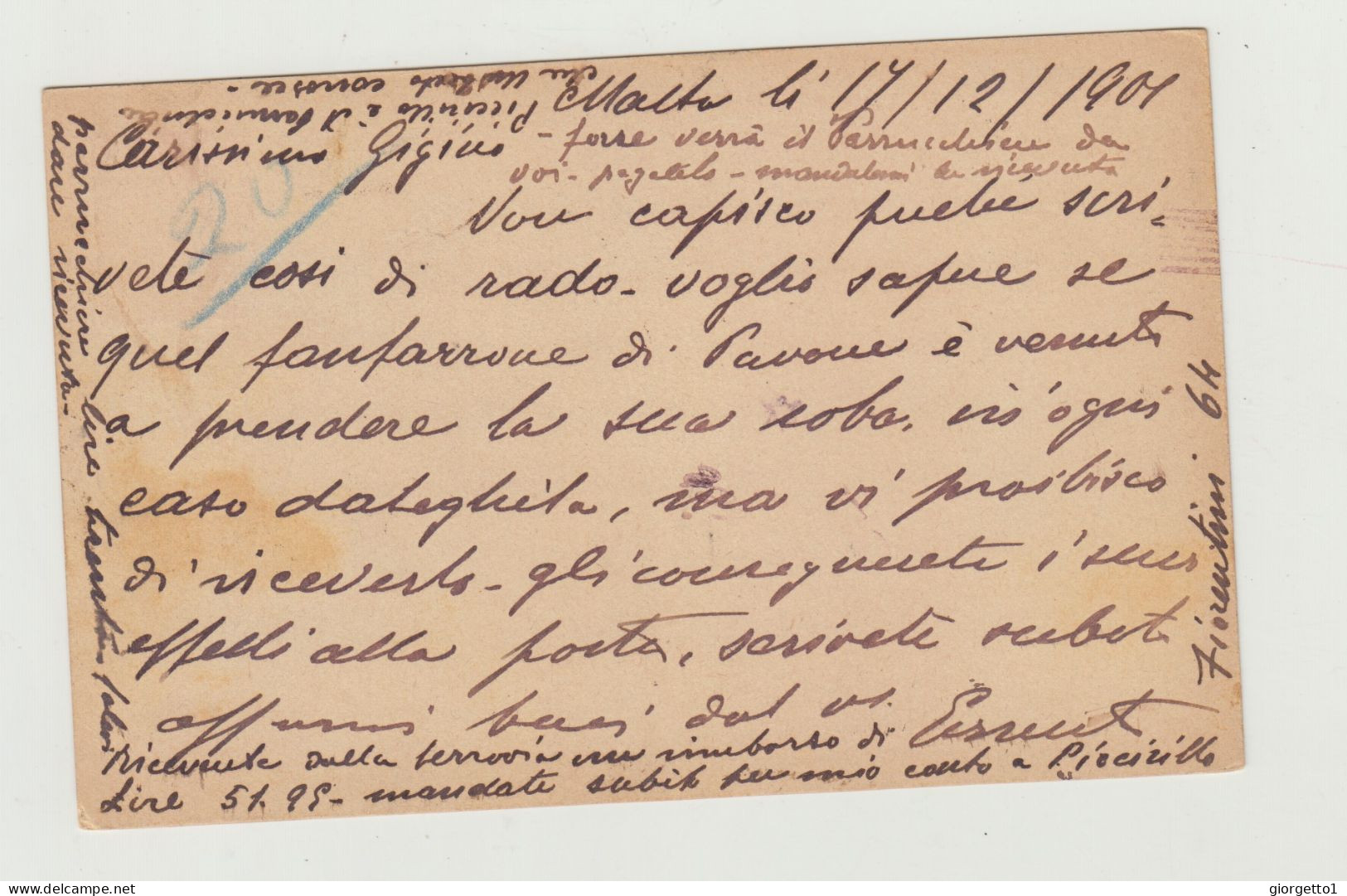 INTERO POSTALE DA 1 PENNY - MALTA - UNION POSTALE UNIVERSELLE DA MALTA VERSO ITALIA NEL 1901 - Marcofilie
