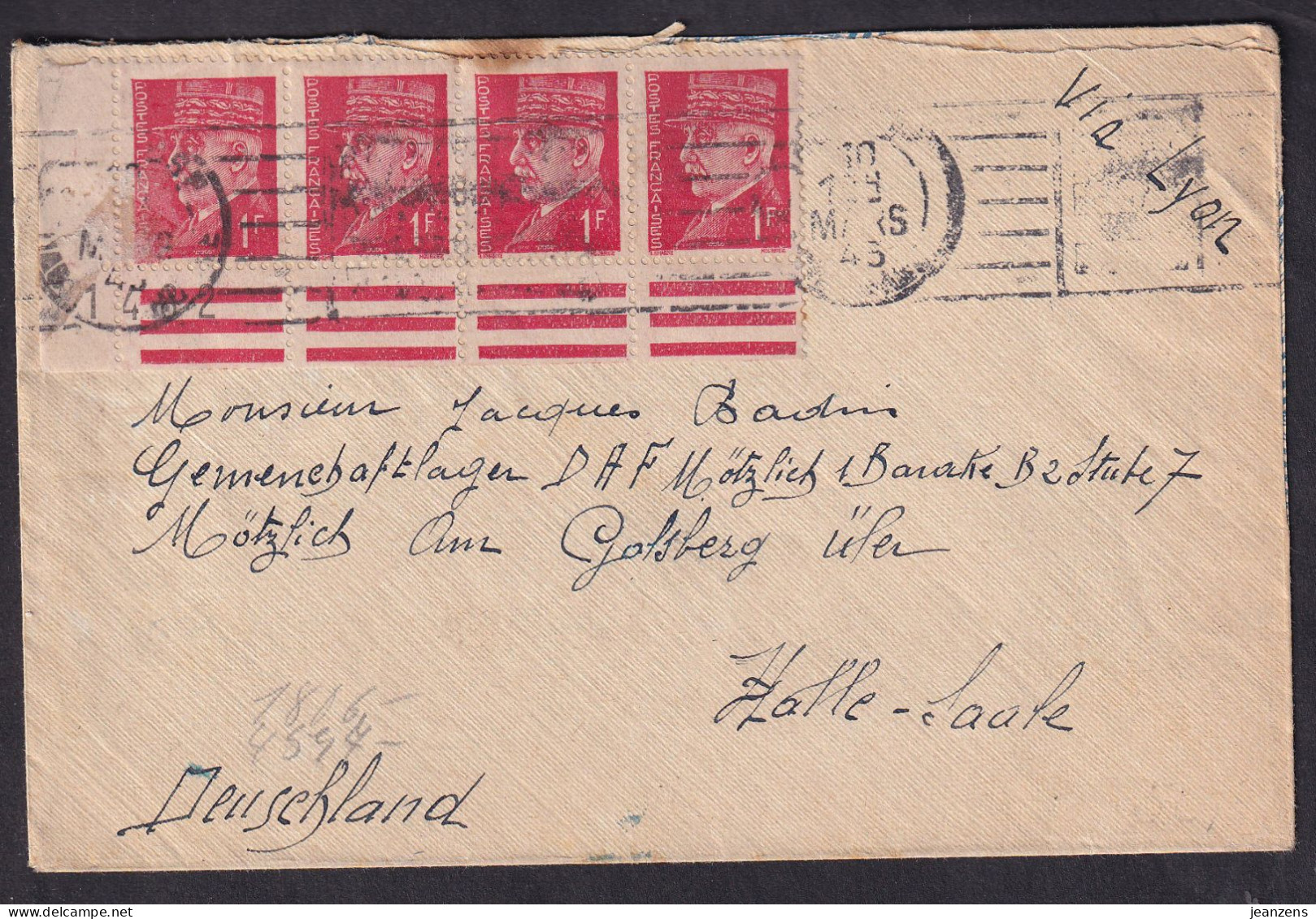 Lettre STO Aff Bande De 4 Pétain 1fr ʘ Toulouse 10.03.1943 -> Golsberg - Zensur/Censure ABP E Type EP3.9 = F (RR) - Guerre De 1939-45