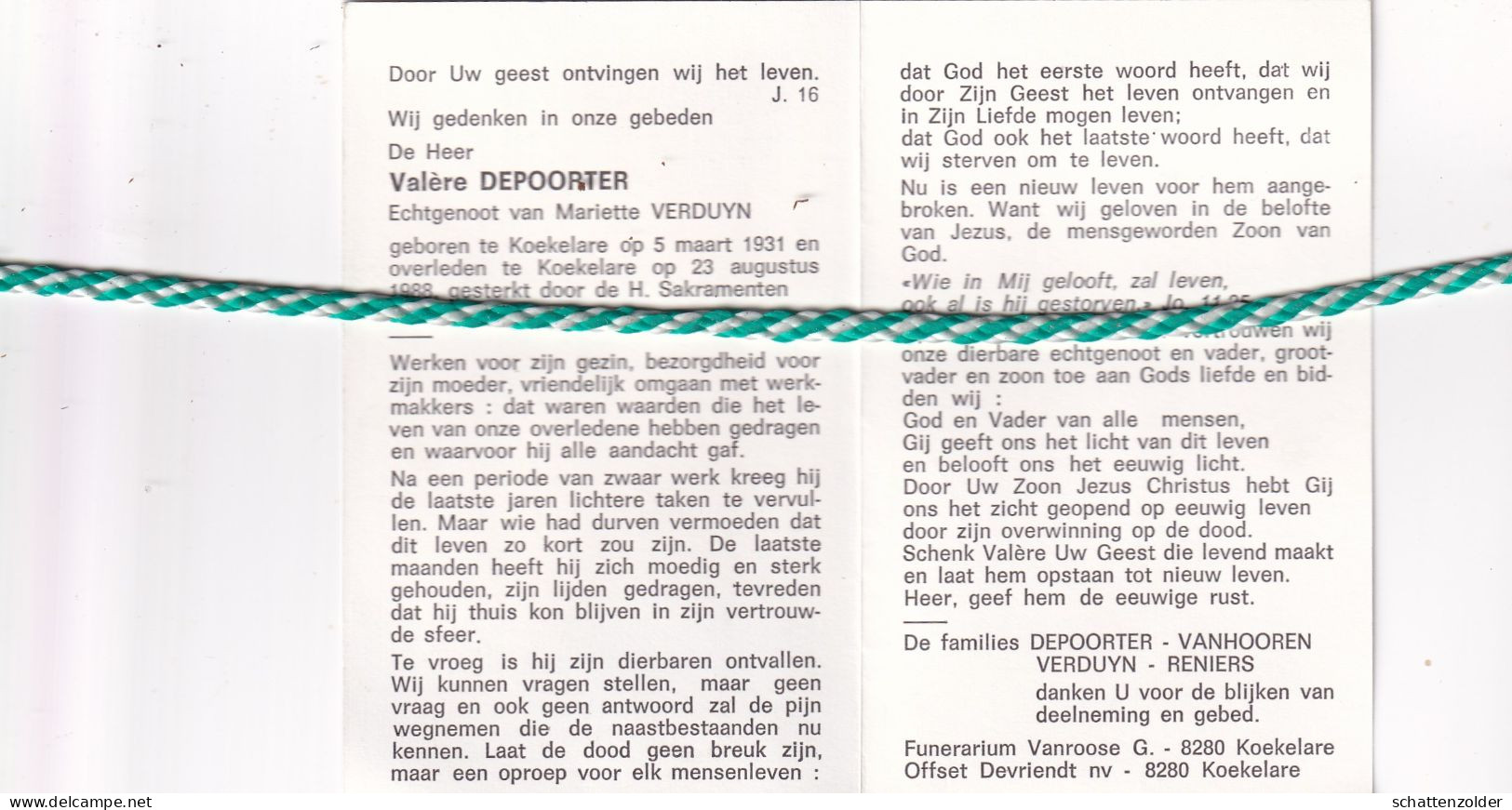 Valère Depoorter-Verduyn, Koekelare 1931, 1988 - Overlijden