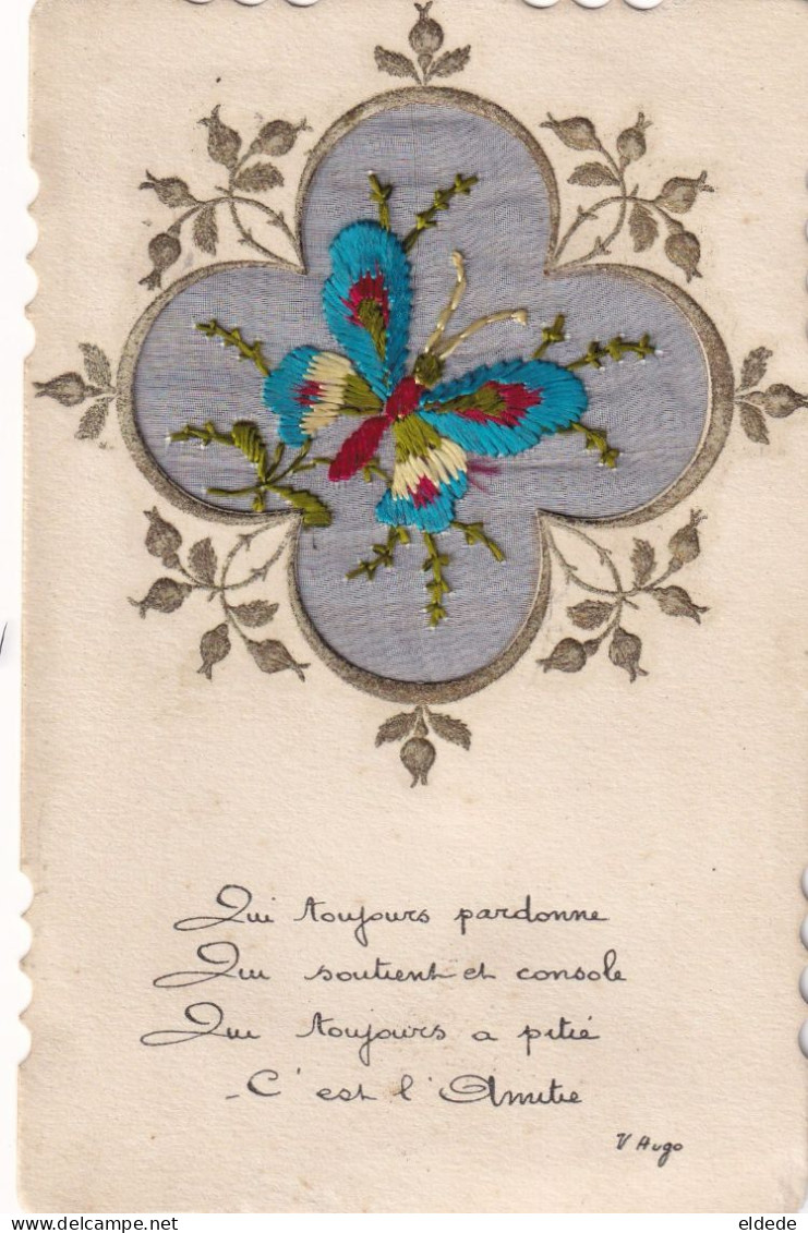 Embroidered Butterfly Papillon Brodé Sur Soie Silk Poeme Victor Hugo - Borduurwerk