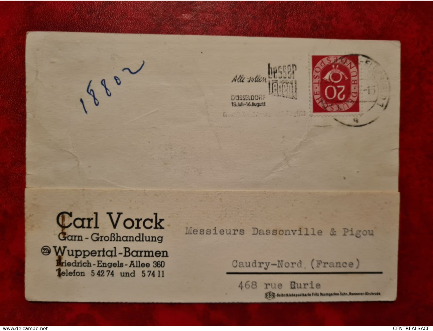 Lettre Allemagne 1953 CARTE ENTETE  CARL FISCHER VORCK WUPPERTAL  BARMENGARN GROSSHANDLUNG - Andere & Zonder Classificatie