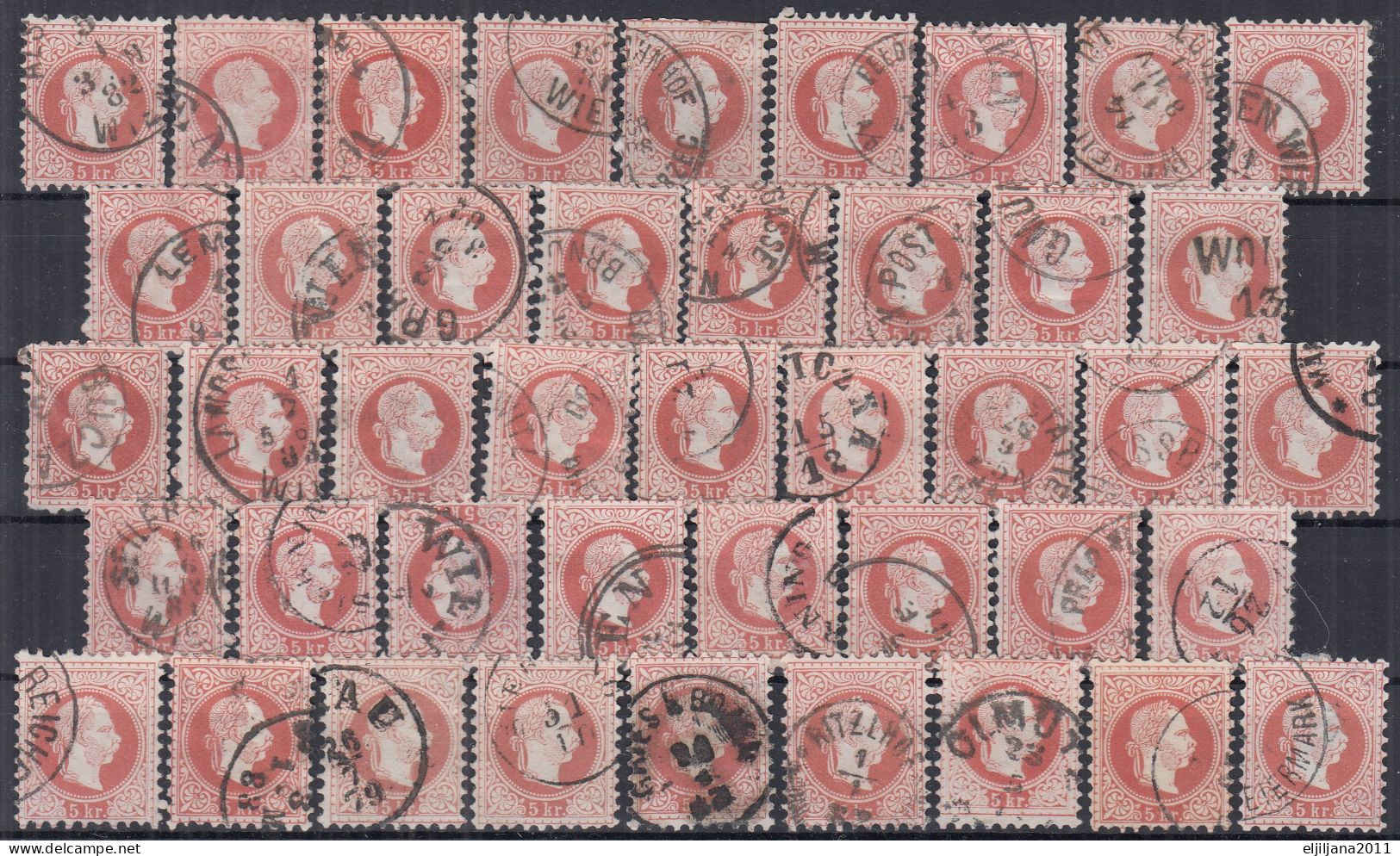 ⁕  Austria 1867 ⁕ Emperor Franz Josef I. 5 Kr. Mi.37 ⁕ 43v Used - Shades (# Lot 5) - Used Stamps