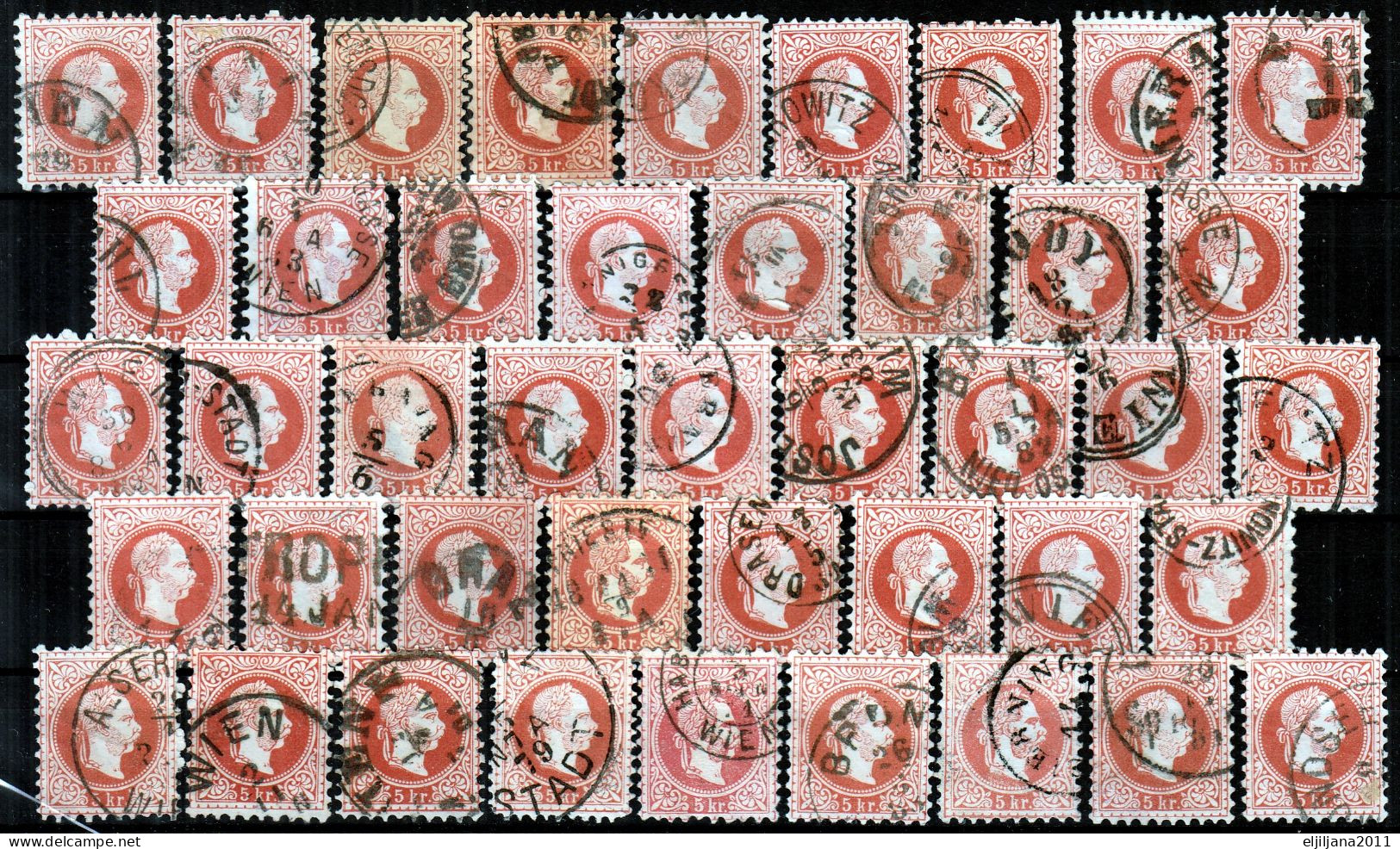 ⁕  Austria 1867 ⁕ Emperor Franz Josef I. 5 Kr. Mi.37 ⁕ 43v Used - Shades (# Lot 6) - Used Stamps