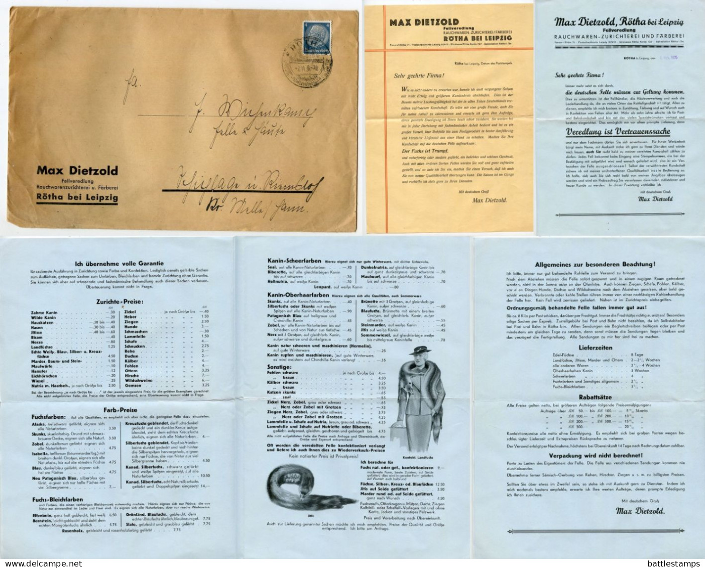 Germany 1935 Cover & Adverts; Rötha - Josef Schulz, Fellveredlung Rauchwarenzurichterei U. Färberei; 4pf. Hindenburg - Covers & Documents