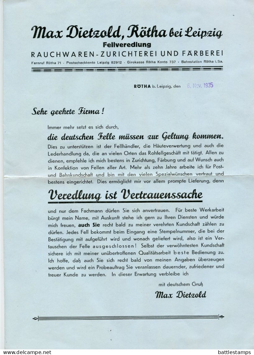Germany 1935 Cover & Adverts; Rötha - Josef Schulz, Fellveredlung Rauchwarenzurichterei U. Färberei; 4pf. Hindenburg - Briefe U. Dokumente