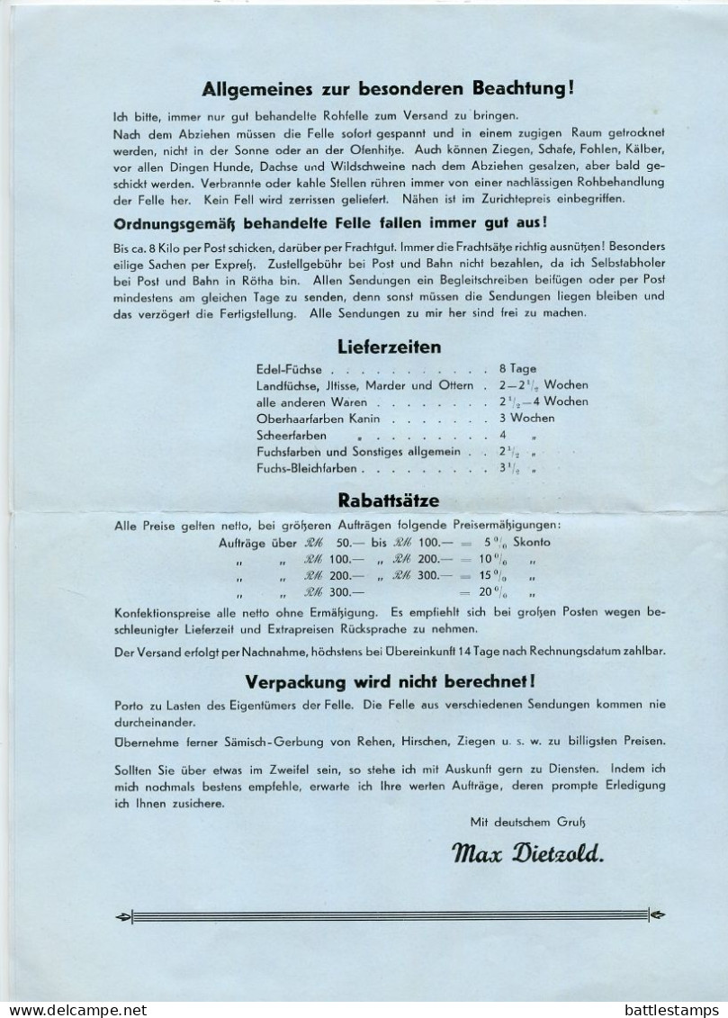 Germany 1935 Cover & Adverts; Rötha - Josef Schulz, Fellveredlung Rauchwarenzurichterei u. Färberei; 4pf. Hindenburg