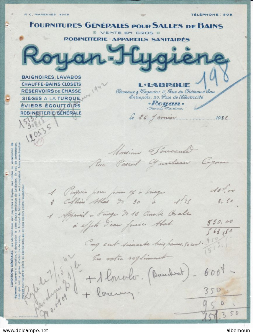 Facture Royan Hygiène - Fournitures Pour Salles De Bains 1942 - Other & Unclassified