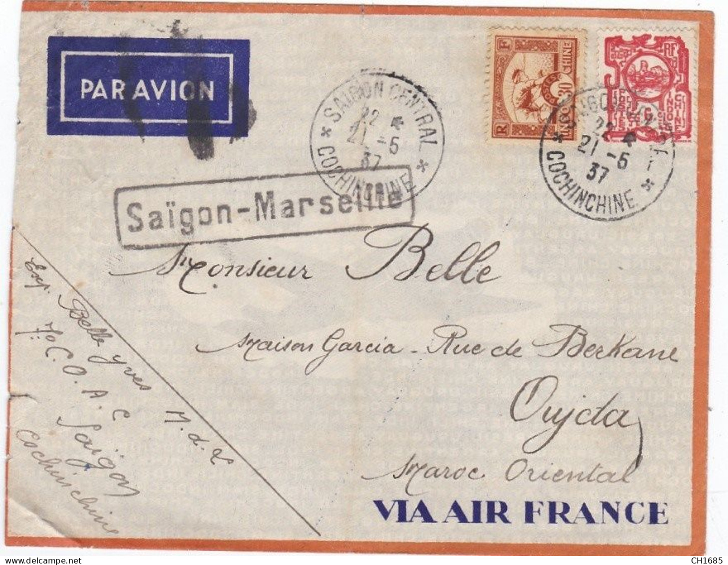 Lettre D'Indochine De Saïgon Pour Oujda Maroc Par Avion Ligne Saïgon-Marseille - Covers & Documents