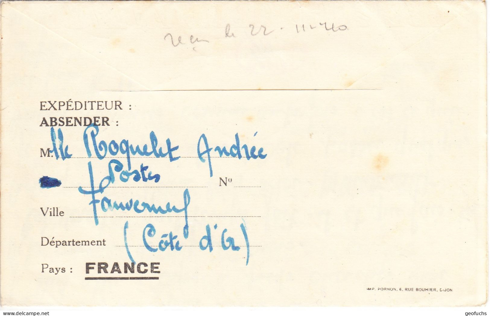 Carte-lettre Française Pour Correspondance à PG, De FAUVERNAY(C.d'or) Cachet Type A5 Du 8.11.40, Pour Stalag XIIIB - Guerre De 1939-45