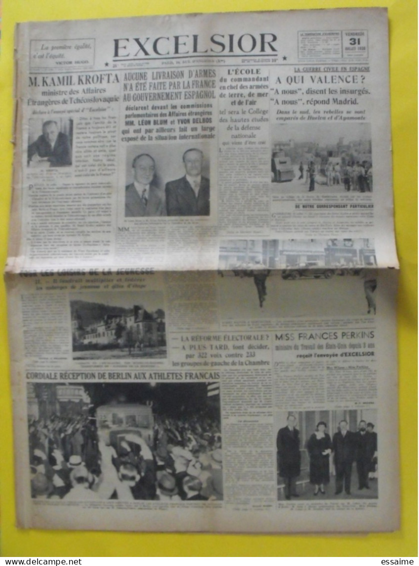 Journal Excelsior Du 31 Juillet 1936. Dupuy  Blum Delbos  Espagne Jeux Olympiques Berlin François-Poncet - Sonstige & Ohne Zuordnung