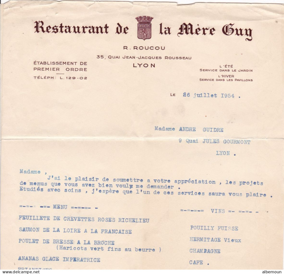 Restaurant De La Mère Guy ( Roucou )  à Lyon Proposition De Menu 1954 - 1950 - ...
