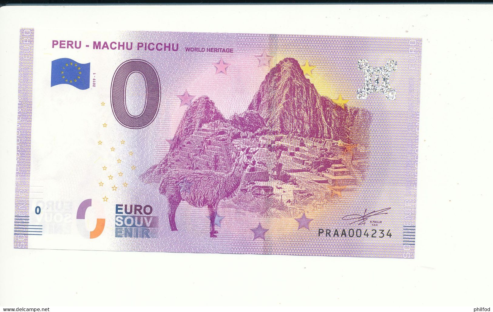 Billet Touristique 0 Euro - PERU - MACHU PICCHU WORLD HERITAGE - PRAA -  2019-1 - N° 4234 - Sonstige & Ohne Zuordnung