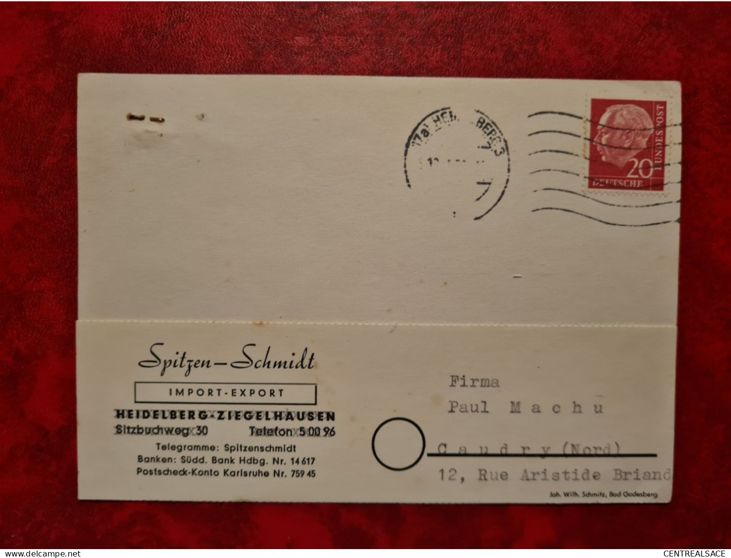 Lettre Allemagne 1956 CARTE SPITZEN SCHMIDT IMPORT EXPORT HEIDELBERRG ZIEGELHAUSEN - Andere & Zonder Classificatie