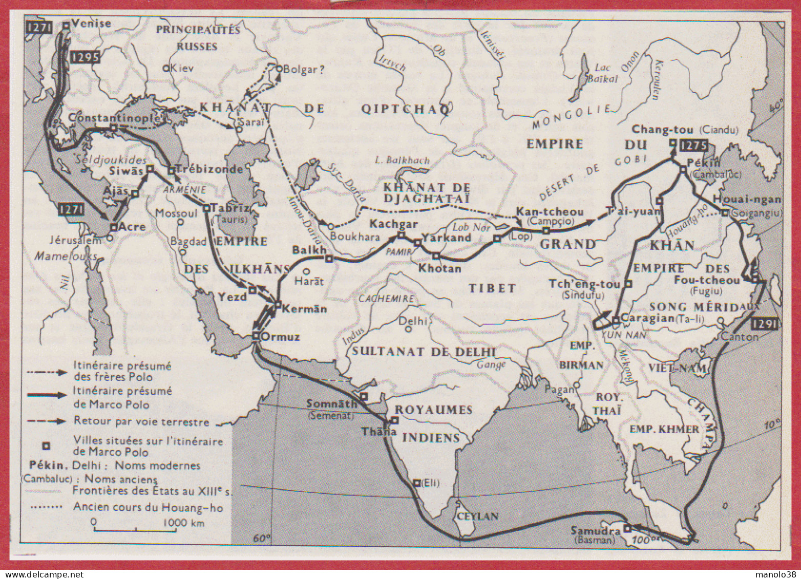 Itinéraire Présumé De Marco Polo, 1271-1295 Et De Ses Frères. Larousse 1960. - Documents Historiques