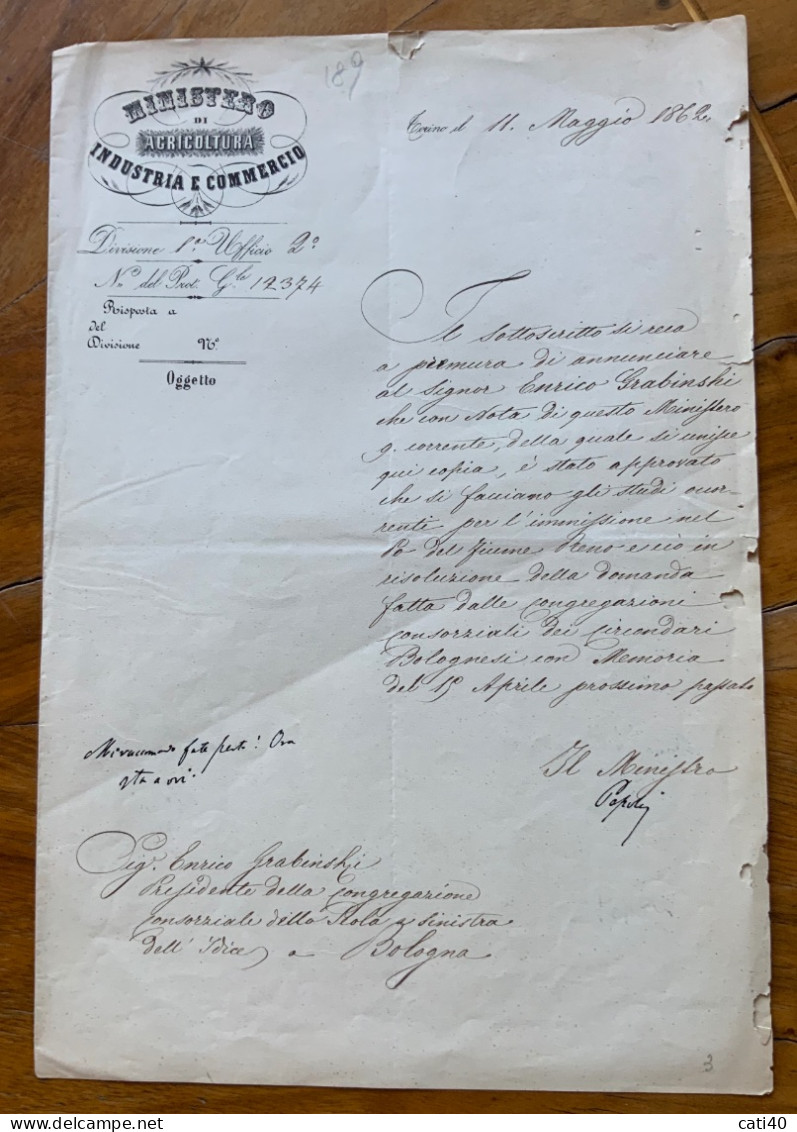 GIOACCHINO NAPOLEONE PEPOLI - FIRMA AUTOGRAFA Su LETTERA MINISTERO AGRICOLTURA INDUSTRIA E COMMERCIO - TORINO 11/5/1862 - Historische Documenten