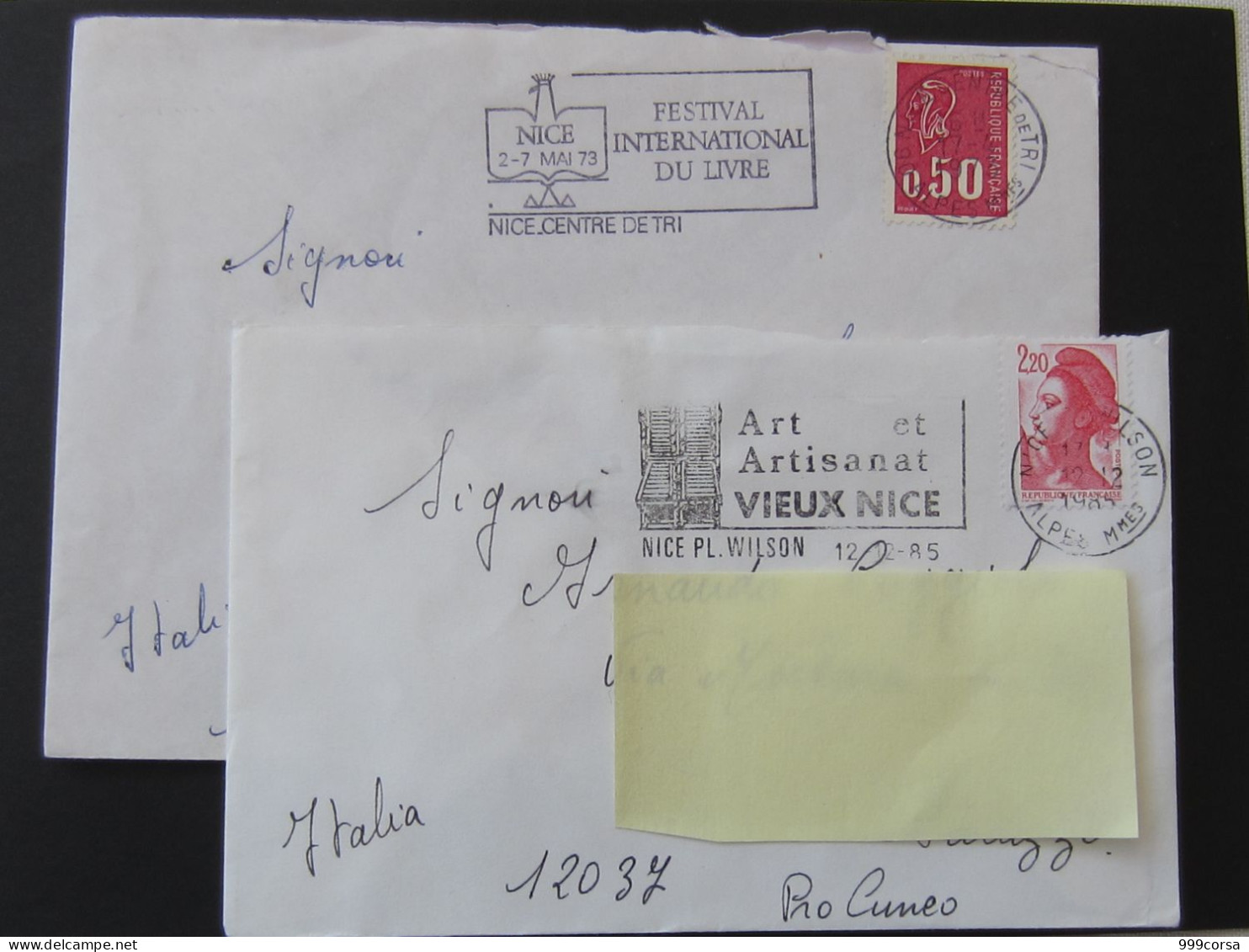 Francia, Targhetta, Flammes "Nice,Festival International Du Livre,1973", "Nice,Art Et Artisanat Vieux Nice, 1985" - Mechanical Postmarks (Advertisement)