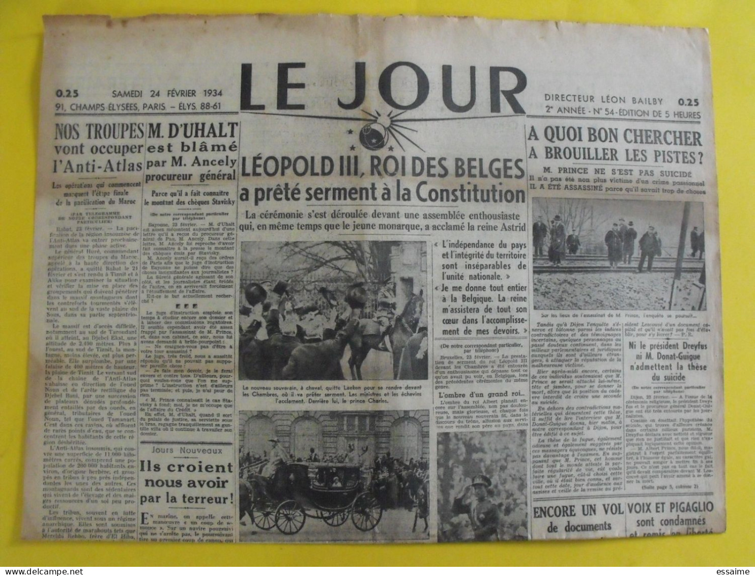 Journal Le Jour Du 24 Février 1934. Stavisky Prince Voix Pigaglio Oran Léopold III Indochine - Otros & Sin Clasificación