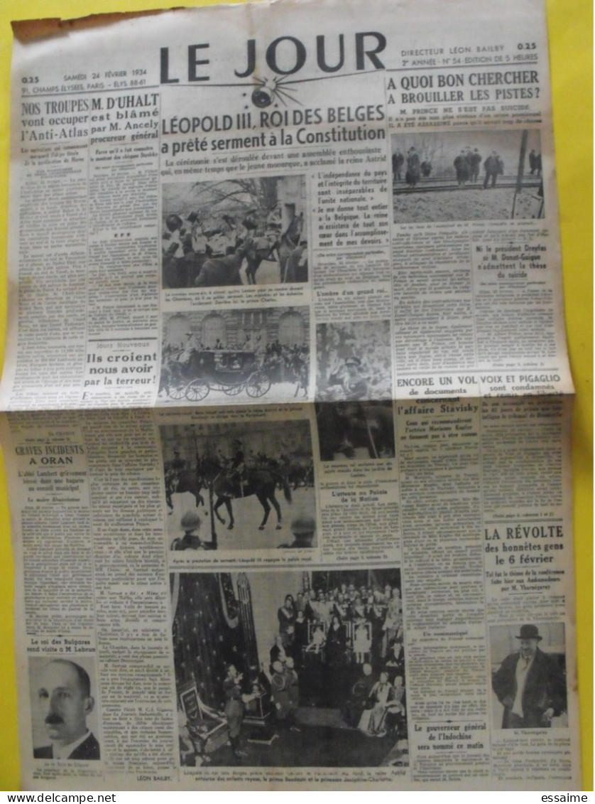 Journal Le Jour Du 24 Février 1934. Stavisky Prince Voix Pigaglio Oran Léopold III Indochine - Andere & Zonder Classificatie