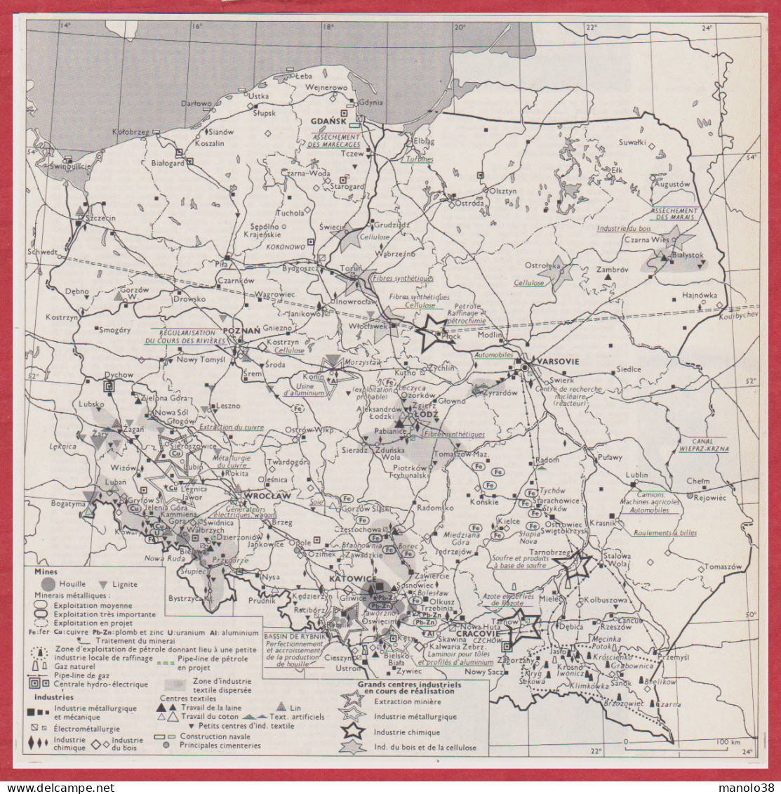 Pologne. Carte économique. Mines, Industries, Grands Centres Industriels En Cours De Réalisation. Larousse 1960. - Historische Dokumente