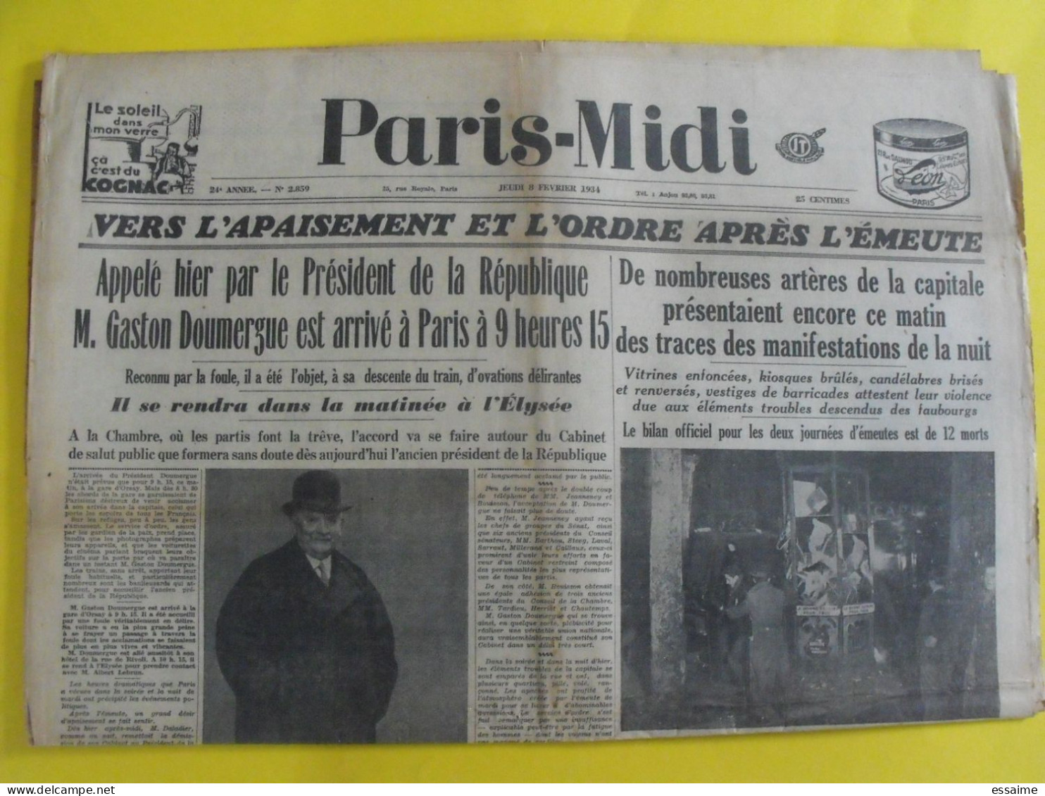 Journal Paris-Midi Du 8 Février 1934. émeute à Paris 12 Morts Doumergue - Otros & Sin Clasificación