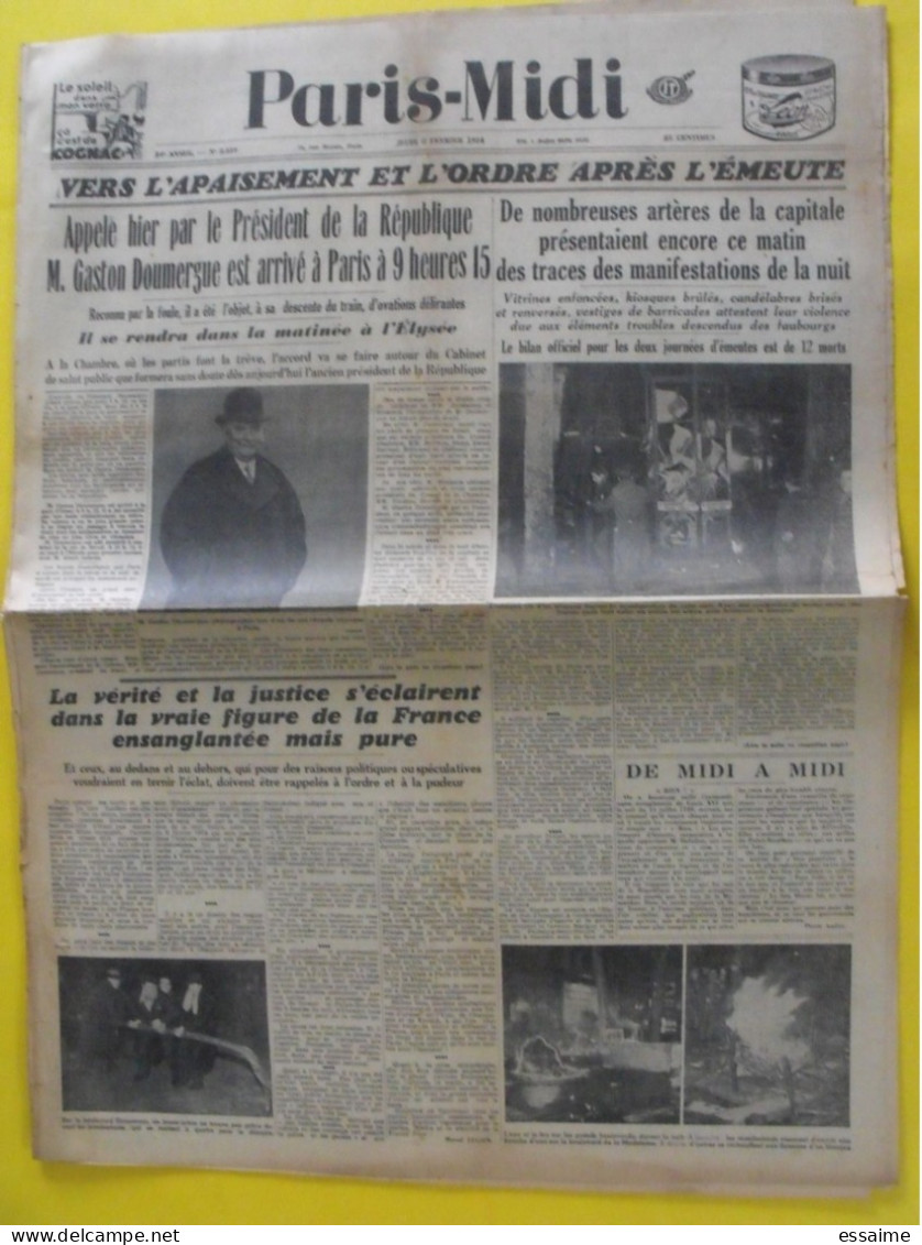 Journal Paris-Midi Du 8 Février 1934. émeute à Paris 12 Morts Doumergue - Sonstige & Ohne Zuordnung