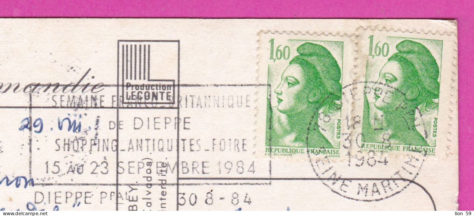 294212 / France - Reflets De NORMANDIE PC 1984 USED 1.60+1.60 Fr. Liberty Of Gandon , Semaine Franco Britannique DIEPPE - 1982-1990 Liberté De Gandon