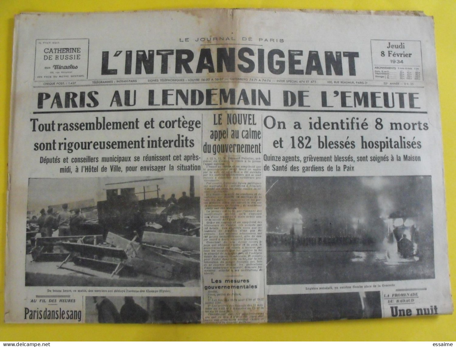 Journal L'Intransigeant Du 8 Février 1934. émeute Sanglante à Paris 8 Morts Bonnefoy-Sibour Gallus Bourcier - Andere & Zonder Classificatie