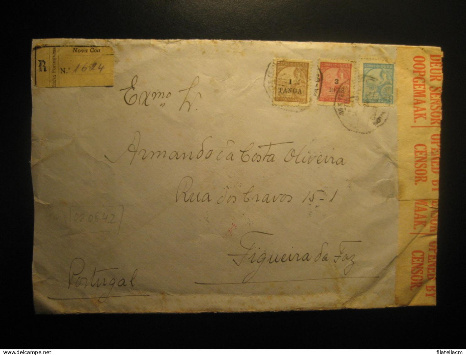 NOVA GOA 1942 To Figueira Da Foz South Africa Censored Registered Cancel Big Cover Portuguese INDIA Colonies Portugal - Portuguese India