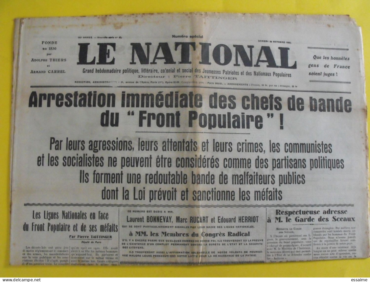 Journal Le National Du 26 Octobre 1935. Front Populaire Ligues Nationales Herriot Rucart Taittinger - Sonstige & Ohne Zuordnung