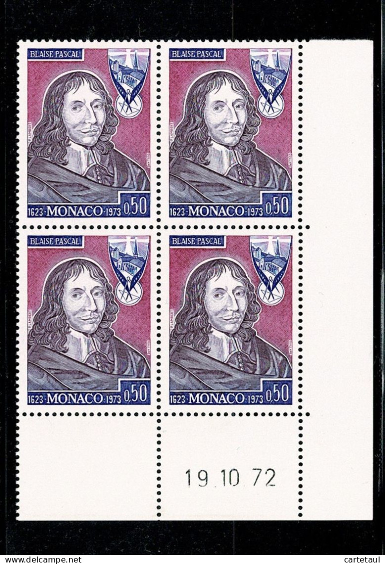 MONACO 1972 Blaise Pascal  Bloc De 4 Coin Daté  19.10.72  ** - Autres & Non Classés