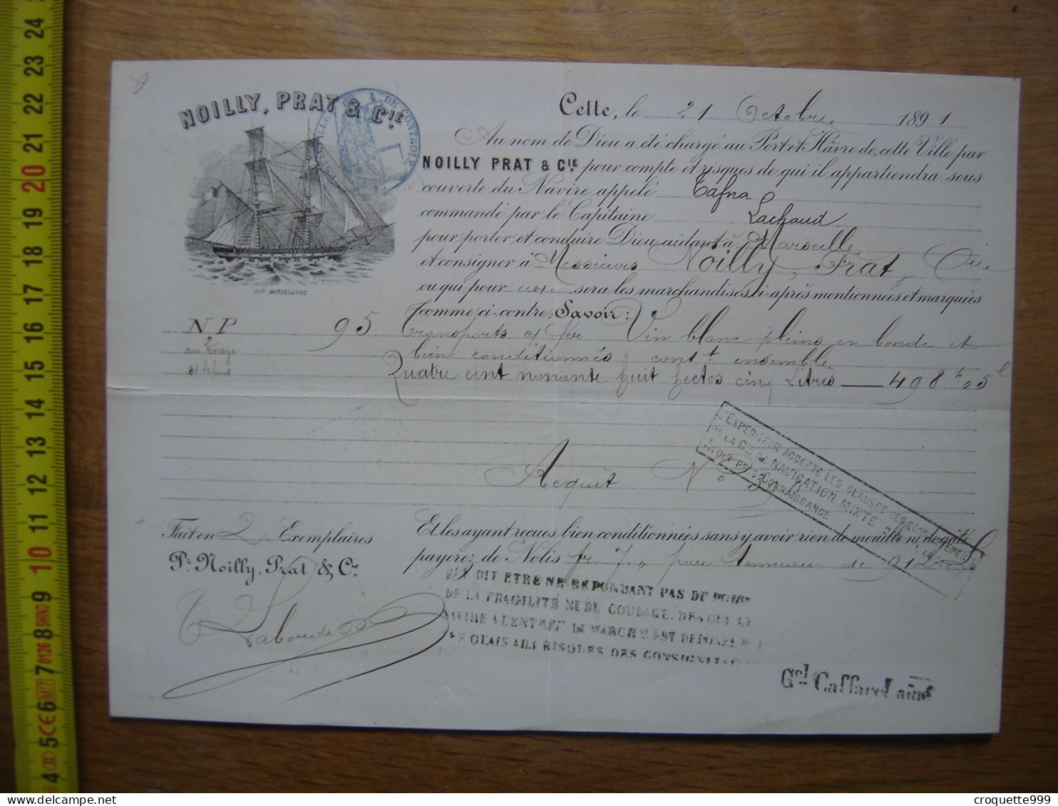 1891 Facture NOILLY PRAT Vin Blanc NAVIRE TAFNA Capitaine Lachaud MARSEILLE - Autres & Non Classés