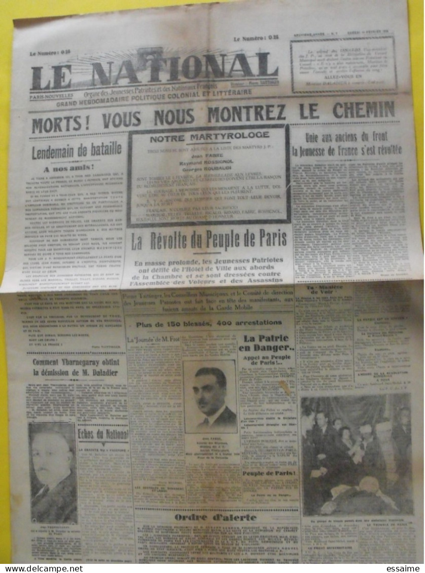 Journal Le National Du 10 Février 1934. émeute Sanglante à Paris Jeunesses Patriotes Ybarnegaray Taittinger - Andere & Zonder Classificatie