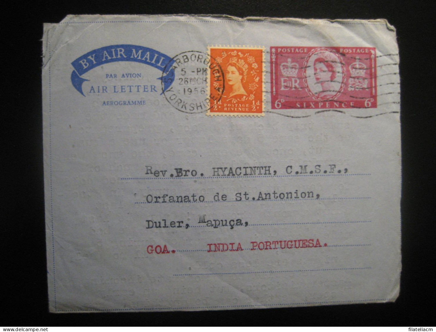 SCARBOROUGH England 1956 To Mapuça Goa Aerogramme Air Letter Portuguese INDIA Colonies Portugal - Inde Portugaise