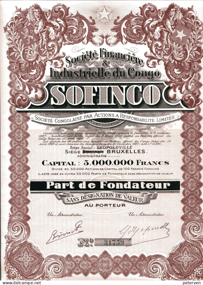 SOFINCO - Soc. Financière & Industrielle Du Congo; Part De Fondateur - Afrika