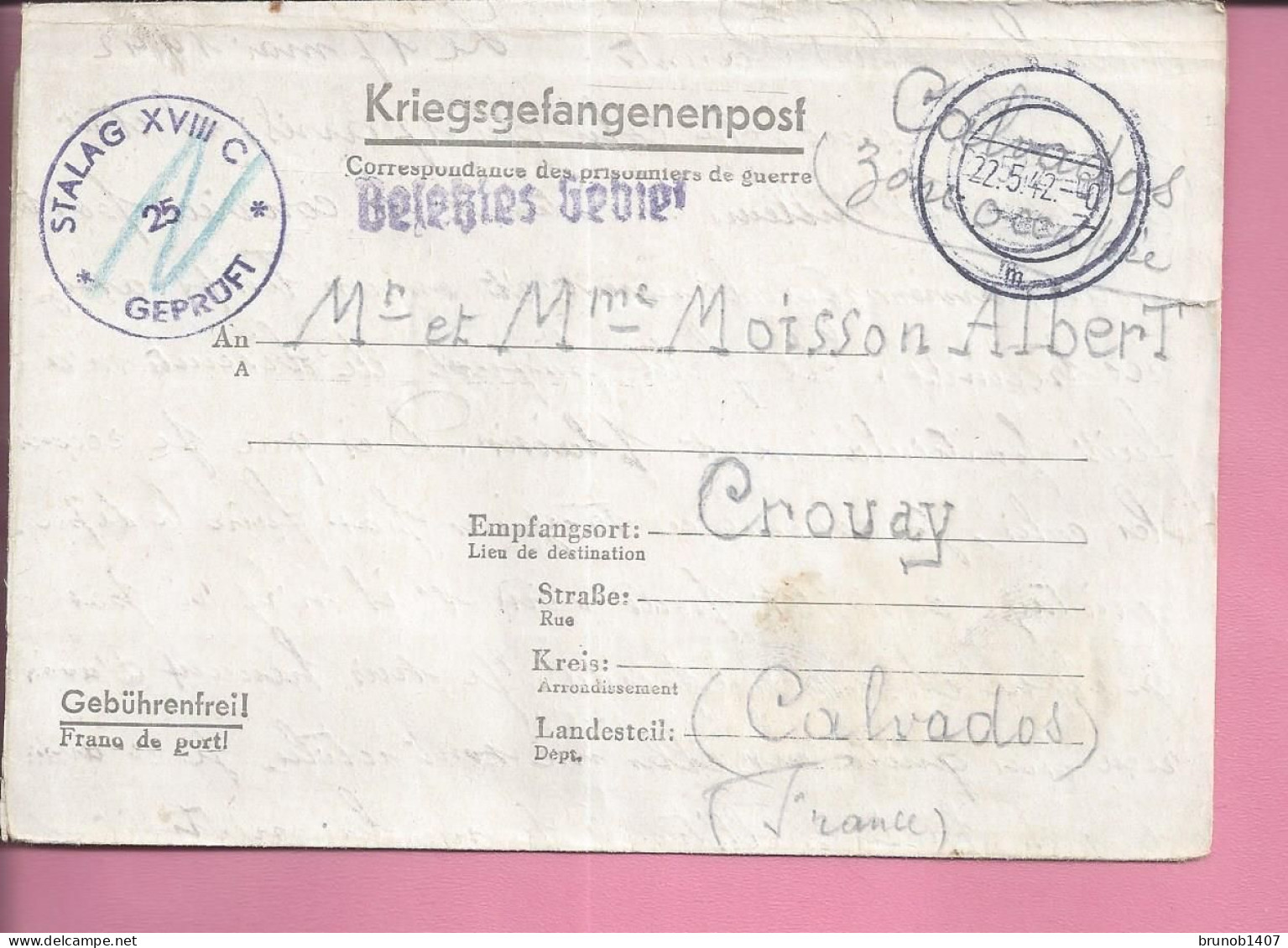 CORRESPONDANCE DES PRISONNIERS DE GUERRE   Enveloppe Lettre Envoye A CROUAY Calvados 1941 - 1921-1960: Période Moderne