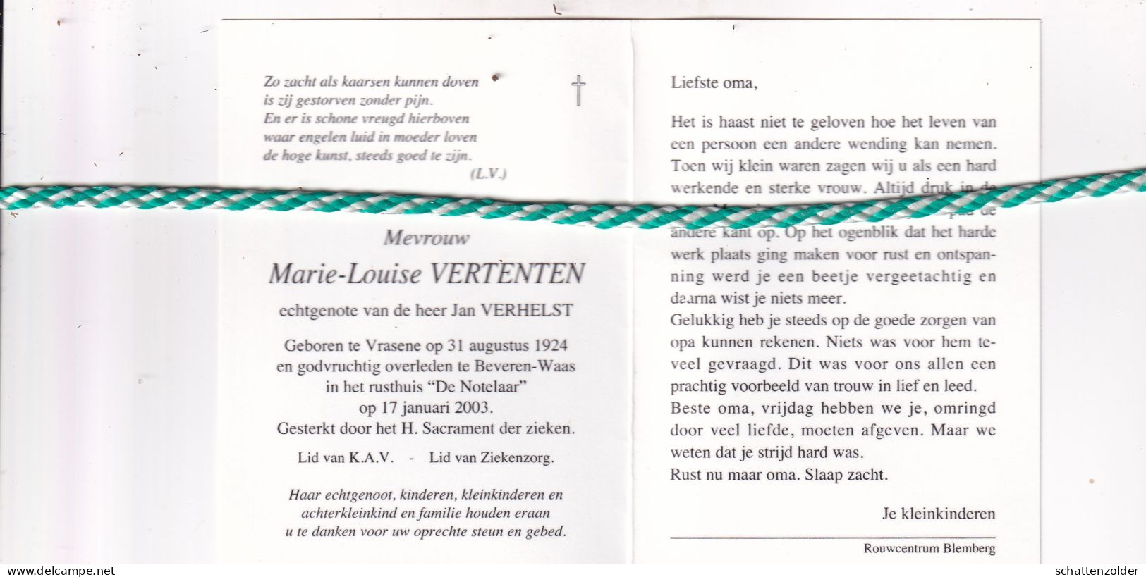 Marie-Louise Vertenten-Verhelst, Vrasene 1924, Beveren-Waas 2003. Foto - Décès