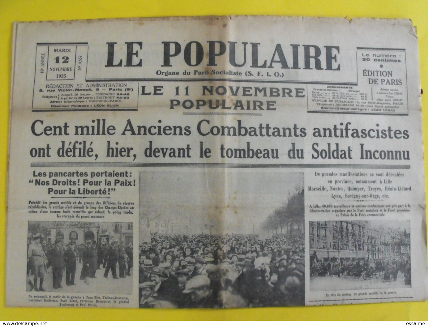 Journal Le Populaire  Du 12 Novembre 1935. Socialiste SFIO Solidarité Française Camelots Du Roy Fascite Jean Renaud Blum - Otros & Sin Clasificación