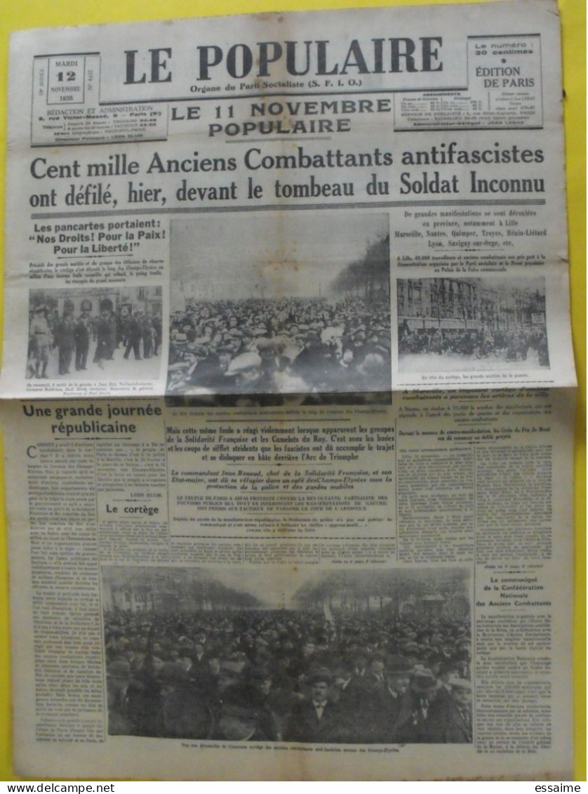 Journal Le Populaire  Du 12 Novembre 1935. Socialiste SFIO Solidarité Française Camelots Du Roy Fascite Jean Renaud Blum - Autres & Non Classés