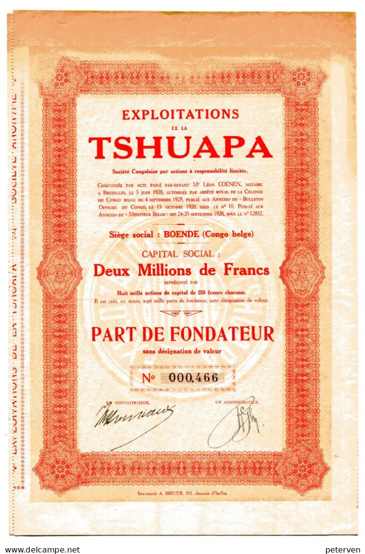 Congo Belge: Exploitations De La TSHUAPA; Part De Fondateur - Africa